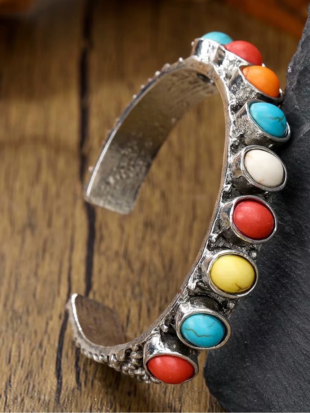 Multi-Stone Silver Cuff Bracelet UNISEX Southwest Western Silver Adjustable NEW
